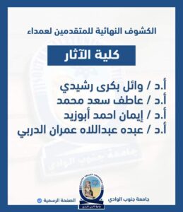 بالأسماء .. ٩ مرشحين لعمادة ٣ كليات بجامعة جنوب الوادى 19 - جريدة المساء