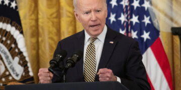 U.S. President Joe Biden delivers remarks at an event celebrating the reauthorisation of the Violence Against Women Act, inside the East Room at the White House in Washington, U.S., March 16, 2022. REUTERS/Tom Brenner