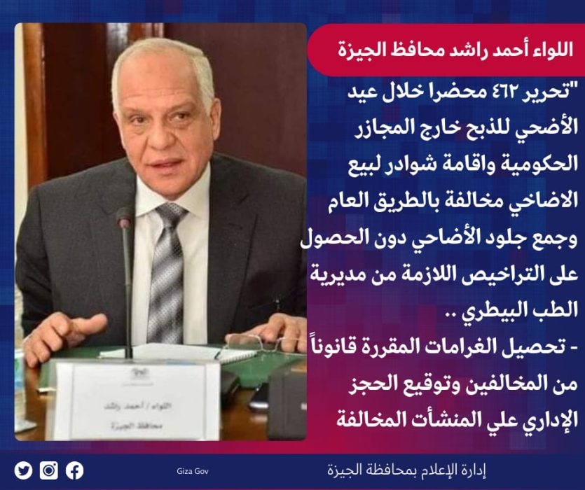 خلال عيد الأضحى.. محافظ الجيزة: تحرير 462 محضر ذبح خارج المجازر الحكومية وإقامة شوادر مخالفة 19 - جريدة المساء