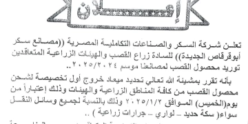 شركة السكر والصناعات التكاملية المصرية تعلن موعد بدء توريد محصول القصب لموسم 2024/2025 1 - جريدة المساء