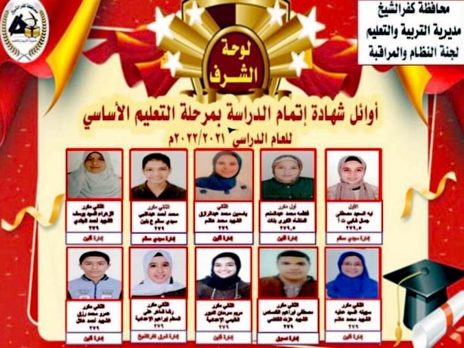 أوائل الشهادة الإعدادية بكفر الشيخ العشرة