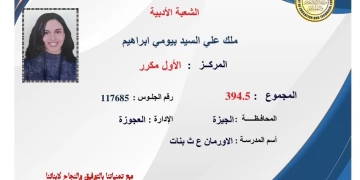"ملك علي السيد بيومي" تحصل علي المركز الأول أدبي في الثانوية العامة 2024 2 - جريدة المساء "ملك علي السيد بيومي" تحصل علي المركز الأول أدبي في الثانوية العامة 2024 1 - جريدة المساء