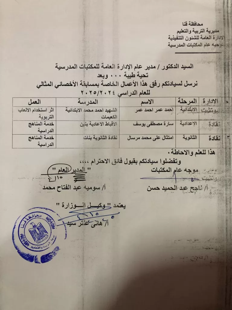 "تعليم قنا" يعلن أسماء الفائزين بمسابقة الأخصائي المثالي للمكتبات المدرسية 21 - جريدة المساء