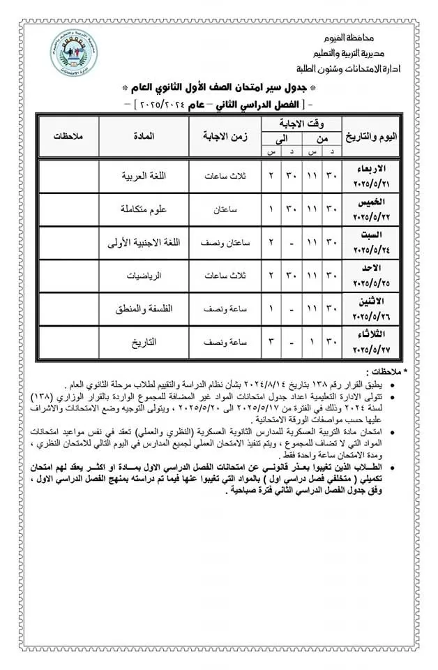 محافظ الفيوم يعتمد جدول امتحانات الفصل الدراسى الثانى 23 - جريدة المساء