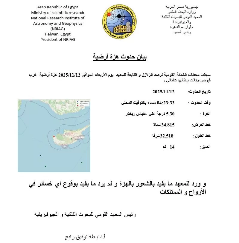 قومي البحوث الفلكية يكشف تفاصيل هزة أرضية ضربت قبرص بقوة ٥.٣ ريختر 18 - جريدة المساء