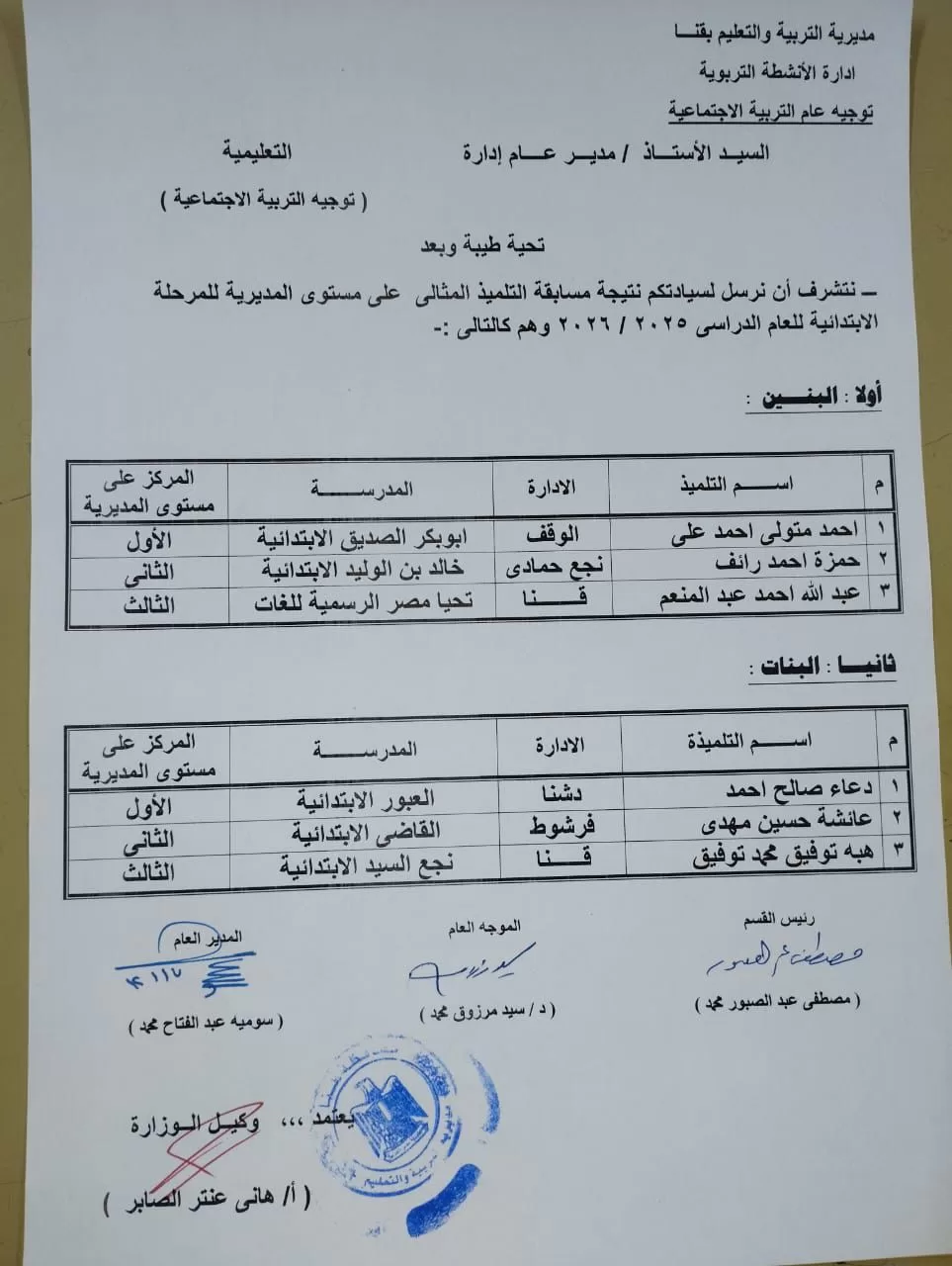وكيل تعليم قنا يعتمد نتائج مسابقة "التلميذ المثالي" للمرحلة الإبتدائية 31 - جريدة المساء