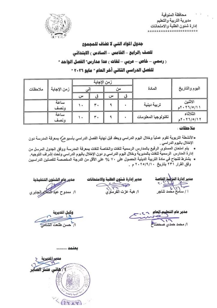 إعلان جداول امتحانات آخر العام بمدارس المنوفية 109 - جريدة المساء