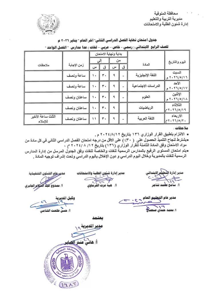 إعلان جداول امتحانات آخر العام بمدارس المنوفية 21 - جريدة المساء