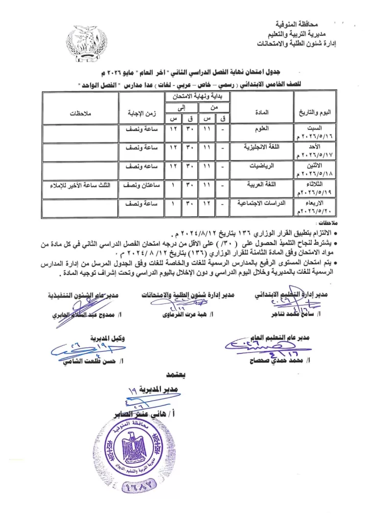 إعلان جداول امتحانات آخر العام بمدارس المنوفية 23 - جريدة المساء