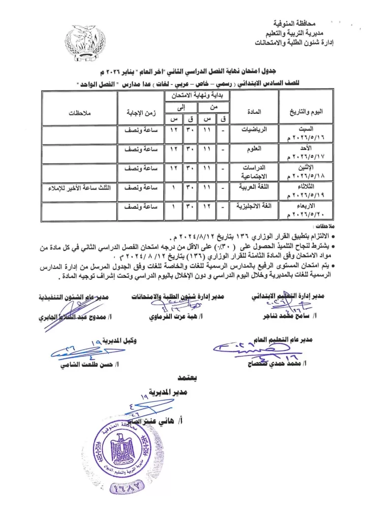إعلان جداول امتحانات آخر العام بمدارس المنوفية 103 - جريدة المساء