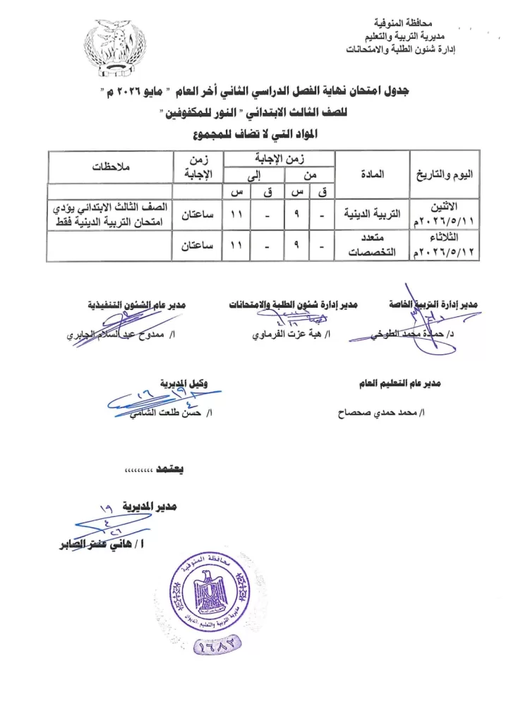 إعلان جداول امتحانات آخر العام بمدارس المنوفية 45 - جريدة المساء