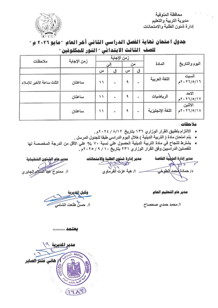إعلان جداول امتحانات آخر العام بمدارس المنوفية 47 - جريدة المساء