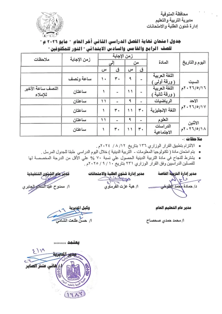 إعلان جداول امتحانات آخر العام بمدارس المنوفية 51 - جريدة المساء