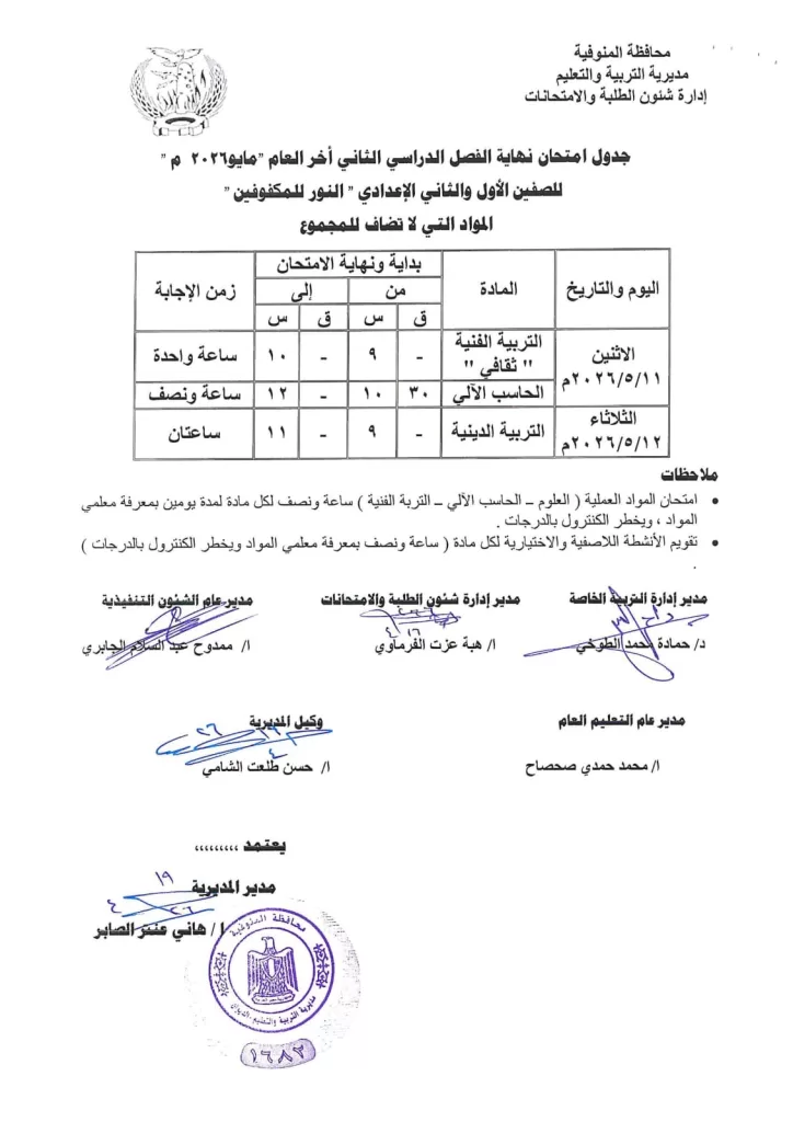 إعلان جداول امتحانات آخر العام بمدارس المنوفية 55 - جريدة المساء