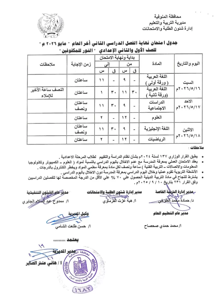 إعلان جداول امتحانات آخر العام بمدارس المنوفية 53 - جريدة المساء