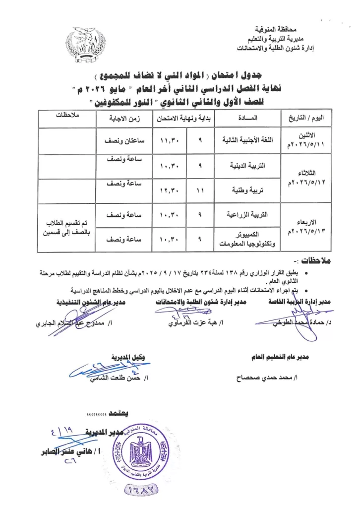 إعلان جداول امتحانات آخر العام بمدارس المنوفية 59 - جريدة المساء