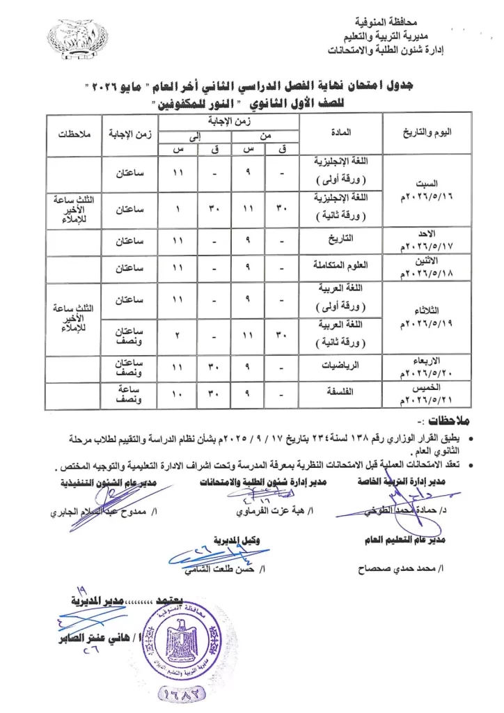 إعلان جداول امتحانات آخر العام بمدارس المنوفية 61 - جريدة المساء