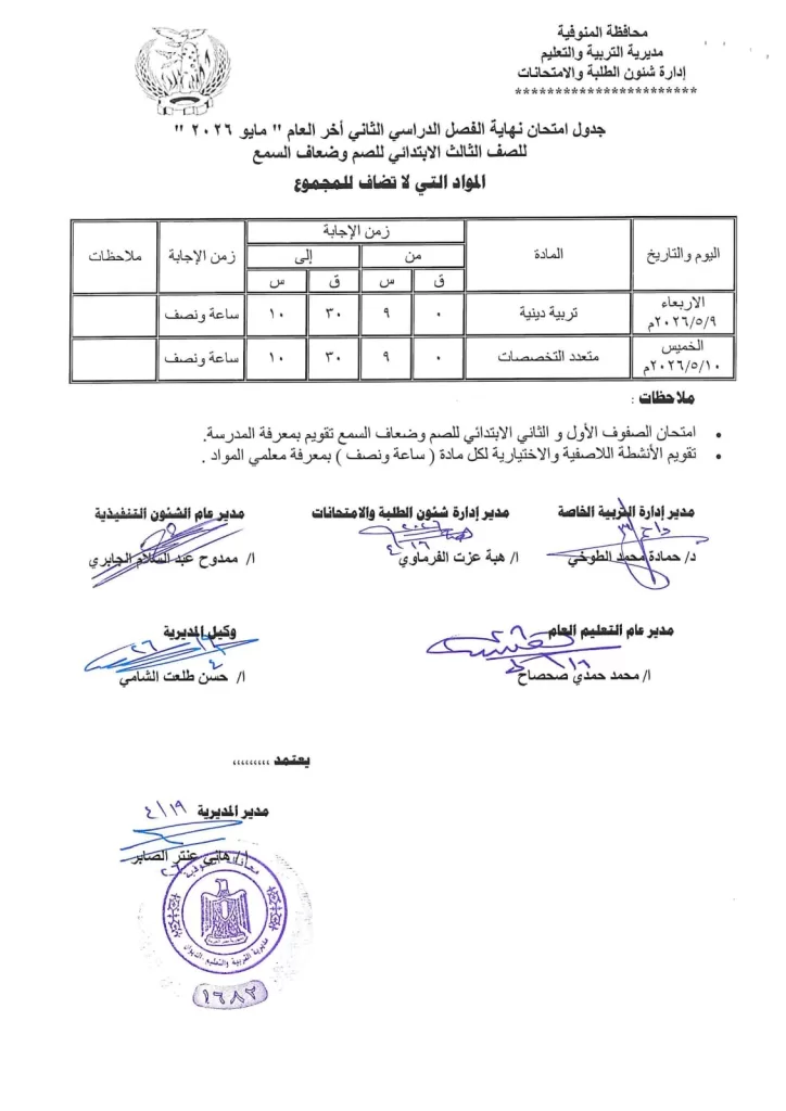 إعلان جداول امتحانات آخر العام بمدارس المنوفية 65 - جريدة المساء