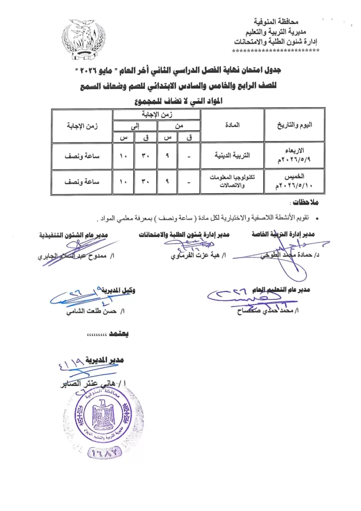 إعلان جداول امتحانات آخر العام بمدارس المنوفية 69 - جريدة المساء