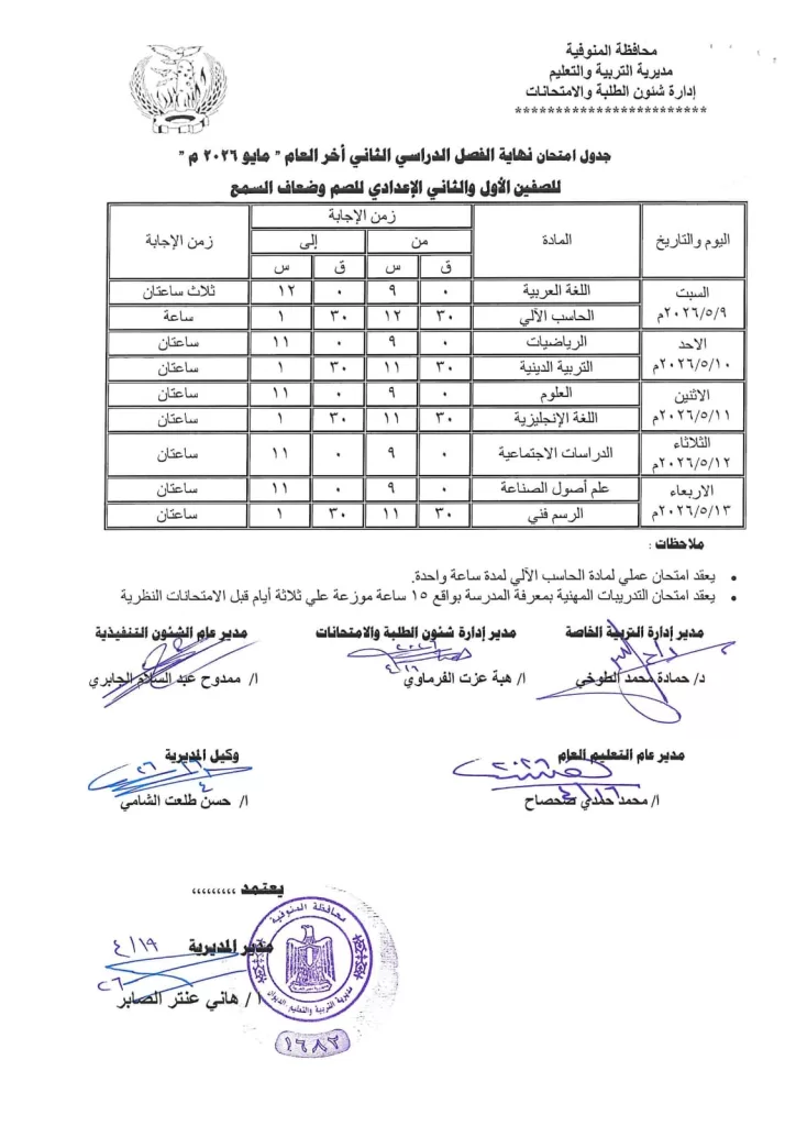 إعلان جداول امتحانات آخر العام بمدارس المنوفية 75 - جريدة المساء