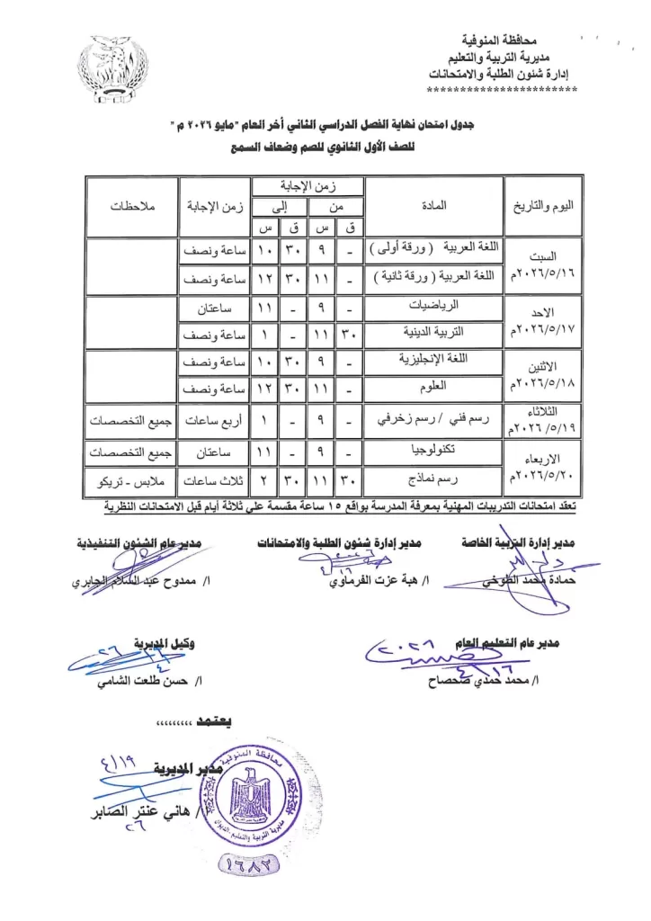 إعلان جداول امتحانات آخر العام بمدارس المنوفية 79 - جريدة المساء