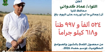 توريد نحو 525 ألف طن من القمح المحلي منذ بدء موسم الحصاد 2026 بالمنيا 1 - جريدة المساء