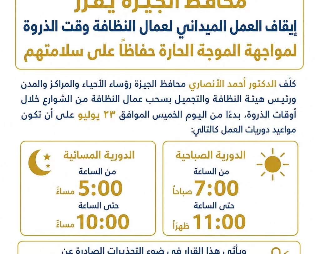 وقف العمل من ١١ صباحا ل٥ مساءً.. محافظ الجيزة يقرر سحب عمال النظافة وقت الذروة حفاظًا على سلامتهم 19 - جريدة المساء